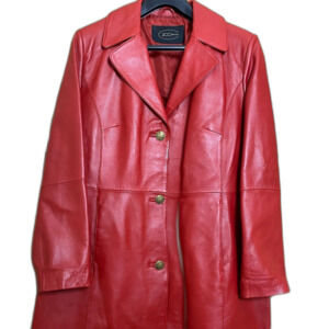 JCCOLLECTION Leather Coat German Half Trench Lined Notched Lapel Womens M Red